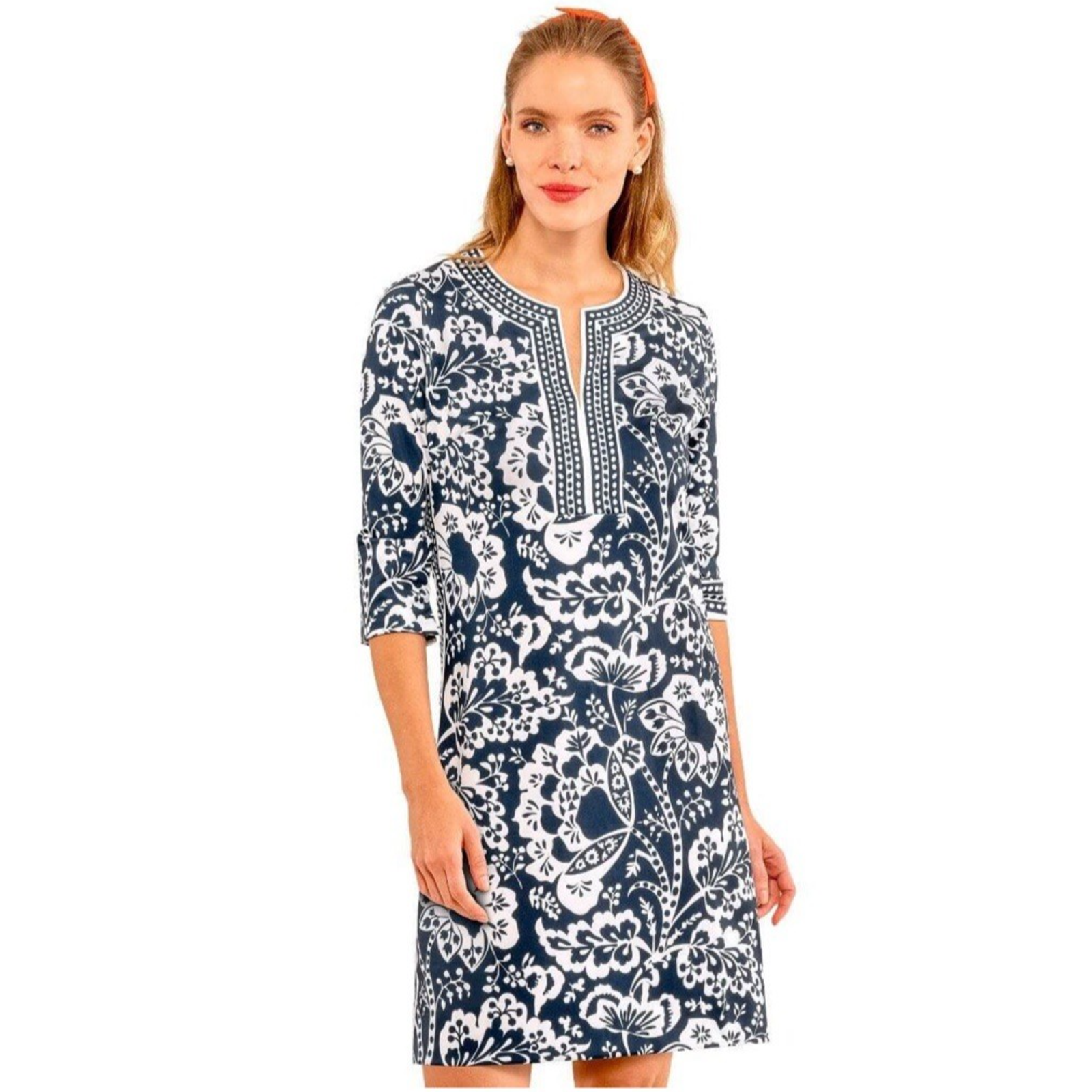 Nwt Gretchen Scott Split Neck Jersey Dress S Navy Flora Preppy Resortwear